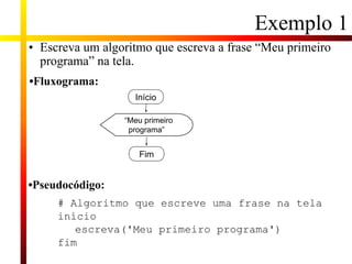 Exemplo 1
• Escreva um algoritmo que escreva a frase “Meu primeiro
programa” na tela.
•Pseudocódigo:
# Algoritmo que escreve uma frase na tela
início
escreva('Meu primeiro programa')
fim
•Fluxograma:
Início
Fim
“Meu primeiro
programa”
 