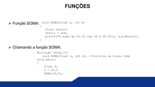  Função SOMA:
 Chamando a função SOMA:
FUNÇÕES
void SOMA(float a, int b)
{
float result;
result = a+b;
printf("A soma de %6.3f com %d é %6.3fn, a,b,Result);
}
#include <stdio.h>
void SOMA(float a, int b); //Protótipo da função SOMA
void main()
{
float f;
f = 20.0
SOMA(16,f);
 