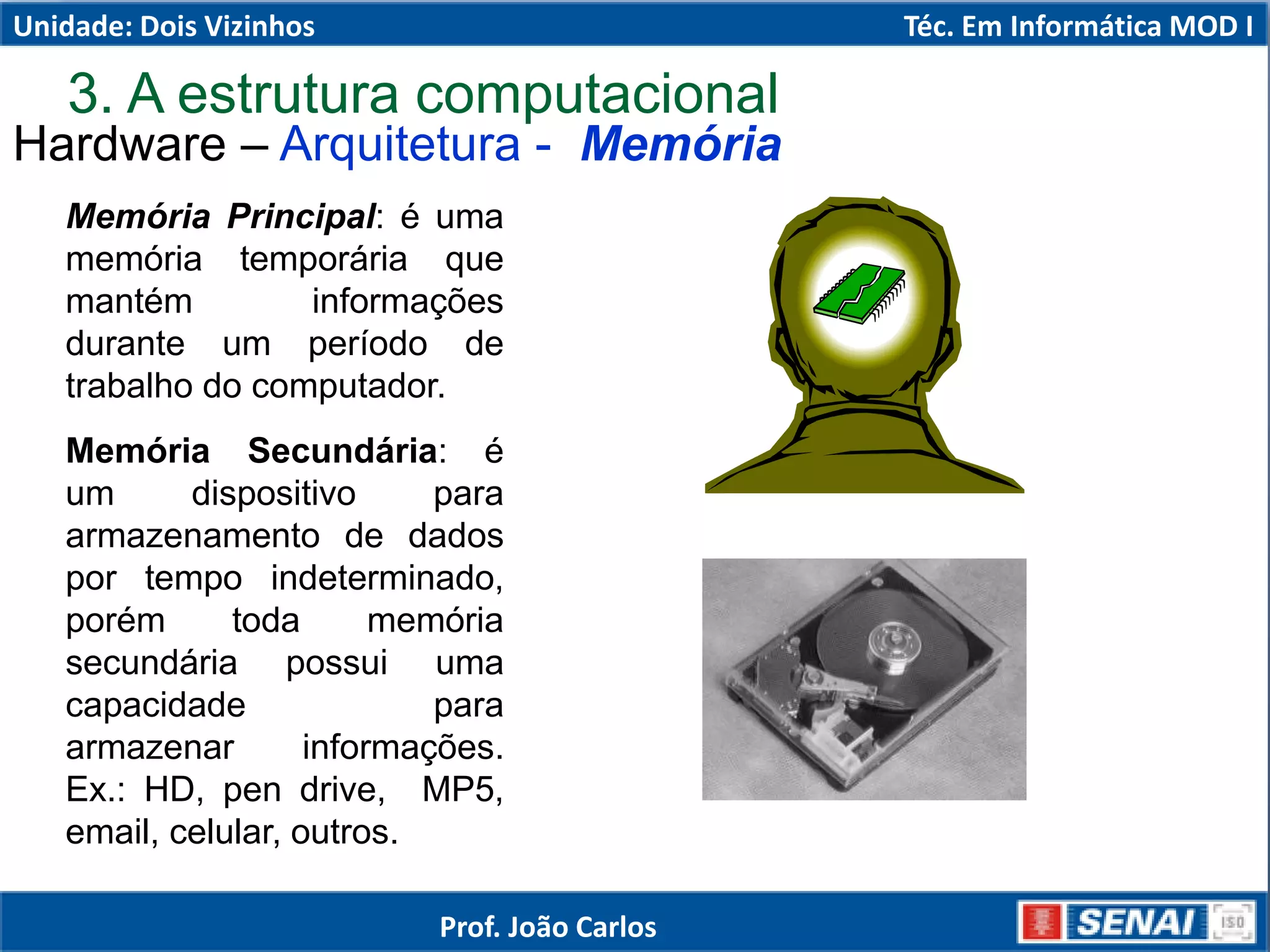 3. A estrutura computacional
Hardware – Arquitetura - Memória
Memória Principal: é uma
memória temporária que
mantém informações
durante um período de
trabalho do computador.
Memória Secundária: é
um dispositivo para
armazenamento de dados
por tempo indeterminado,
porém toda memória
secundária possui uma
capacidade para
armazenar informações.
Ex.: HD, pen drive, MP5,
email, celular, outros.
Unidade: Dois Vizinhos Téc. Em Informática MOD I
Prof. João Carlos
 