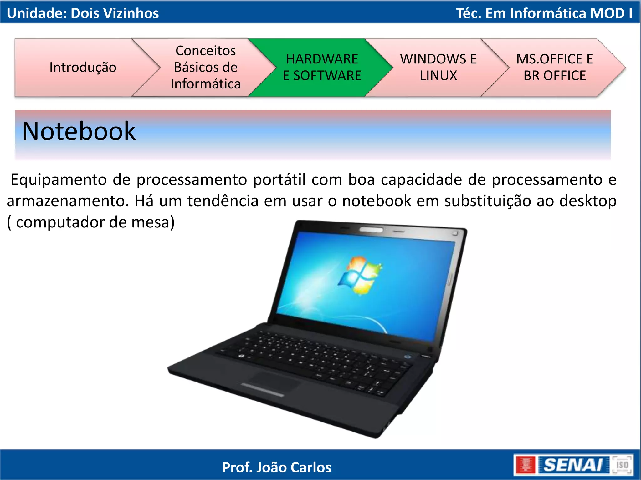Unidade: Dois Vizinhos Téc. Em Informática MOD I
Equipamento de processamento portátil com boa capacidade de processamento e
armazenamento. Há um tendência em usar o notebook em substituição ao desktop
( computador de mesa)
Notebook
Introdução
Conceitos
Básicos de
Informática
HARDWARE
E SOFTWARE
WINDOWS E
LINUX
MS.OFFICE E
BR OFFICE
Prof. João Carlos
 