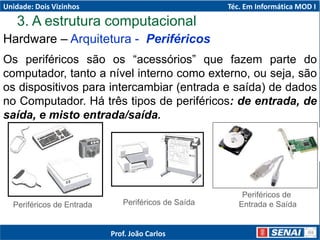 Hardware – Arquitetura - Periféricos
Os periféricos são os “acessórios” que fazem parte do
computador, tanto a nível interno como externo, ou seja, são
os dispositivos para intercambiar (entrada e saída) de dados
no Computador. Há três tipos de periféricos: de entrada, de
saída, e misto entrada/saída.
Periféricos de Entrada Periféricos de Saída
Periféricos de
Entrada e Saída
3. A estrutura computacional
Unidade: Dois Vizinhos Téc. Em Informática MOD I
Prof. João Carlos
 