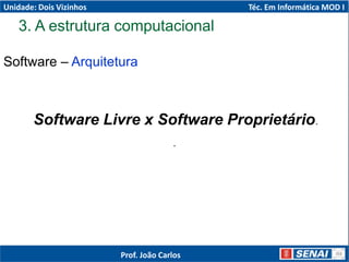Software – Arquitetura
.
Software Livre x Software Proprietário.
3. A estrutura computacional
Unidade: Dois Vizinhos Téc. Em Informática MOD I
Prof. João Carlos
 