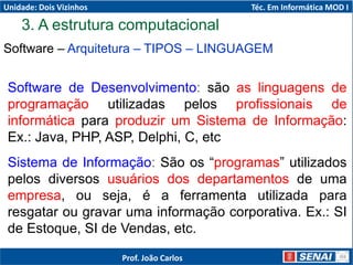 3. A estrutura computacional
Software – Arquitetura – TIPOS – LINGUAGEM
Software de Desenvolvimento: são as linguagens de
programação utilizadas pelos profissionais de
informática para produzir um Sistema de Informação:
Ex.: Java, PHP, ASP, Delphi, C, etc
Sistema de Informação: São os “programas” utilizados
pelos diversos usuários dos departamentos de uma
empresa, ou seja, é a ferramenta utilizada para
resgatar ou gravar uma informação corporativa. Ex.: SI
de Estoque, SI de Vendas, etc.
Unidade: Dois Vizinhos Téc. Em Informática MOD I
Prof. João Carlos
 