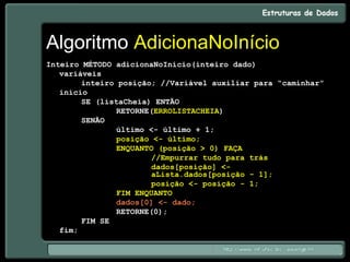 Algoritmo AdicionaNoInício
Inteiro MÉTODO adicionaNoInício(inteiro dado)
variáveis
inteiro posição; //Variável auxiliar para “caminhar”
início
SE (listaCheia) ENTÃO
RETORNE(ERROLISTACHEIA)
SENÃO
último <- último + 1;
posição <- último;
ENQUANTO (posição > 0) FAÇA
//Empurrar tudo para trás
dados[posição] <-
aLista.dados[posição - 1];
posição <- posição - 1;
FIM ENQUANTO
dados[0] <- dado;
RETORNE(0);
FIM SE
fim;
 