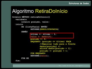 Algoritmo RetiraDoInício
Inteiro MÉTODO retiraDoInício()
variáveis
inteiro posição, valor;
início
SE (listaVazia) ENTÃO
RETORNE(ERROLISTAVAZIA)
SENÃO
último <- último - 1;
valor <- dados[0];
posição <- 0;
ENQUANTO (posição <= último) FAÇA
//Empurrar tudo para a frente
dados[posição] <-
aLista.dados[posição + 1];
posição <- posição + 1;
FIM ENQUANTO
RETORNE(valor);
FIM SE
fim;
 