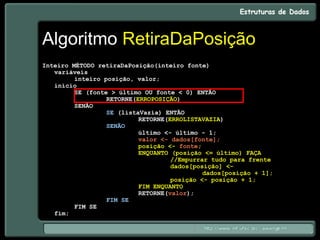 Algoritmo RetiraDaPosição
Inteiro MÉTODO retiraDaPosição(inteiro fonte)
variáveis
inteiro posição, valor;
início
SE (fonte > último OU fonte < 0) ENTÃO
RETORNE(ERROPOSIÇÃO)
SENÃO
SE (listaVazia) ENTÃO
RETORNE(ERROLISTAVAZIA)
SENÃO
último <- último - 1;
valor <- dados[fonte];
posição <- fonte;
ENQUANTO (posição <= último) FAÇA
//Empurrar tudo para frente
dados[posição] <-
dados[posição + 1];
posição <- posição + 1;
FIM ENQUANTO
RETORNE(valor);
FIM SE
FIM SE
fim;
 