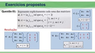 Questão 01:
a11
=
B =
b) 1
1
3
3 4
5
a11 a12
a21 a22
C =
1 - 1
1
- 1
c)
a12 a13
a21 a22 a23
=
A =
a)
a12
a22
a11
a21
a31 a32
3 5
4 6
5 7
C =
Exercícios propostos
Resolução:
 
