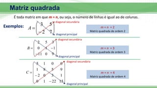 Matriz quadrada
É toda matriz em que m = n, ou seja, o número de linhas é igual ao de colunas.










7
2
5
3
A m = n = 2
Matriz quadrada de ordem 2













9
0
11
1
1
0
3
5
2
B m = n = 3
Matriz quadrada de ordem 3

















15
22
1
0
1
3
0
2
9
5
8
1
0
0
1
5
C m = n = 4
Matriz quadrada de ordem 4
diagonal principal
diagonal principal
diagonal principal
diagonal secundária
diagonal secundária
diagonal secundária
Exemplos:
 