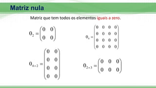 Matriz nula
Matriz que tem todos os elementos iguais a zero.









0
0
0
0
02















0
0
0
0
0
0
0
0
0
0
0
0
0
0
0
0
04
















0
0
0
0
0
0
0
0
0 2
4










0
0
0
0
0
0
0 3
2
 
