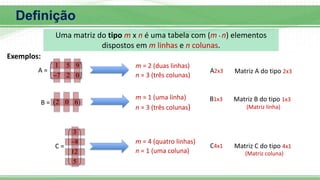 Definição
Uma matriz do tipo m x n é uma tabela com (m . n) elementos
dispostos em m linhas e n colunas.
m = 2 (duas linhas)
n = 3 (três colunas)
m = 1 (uma linha)
n = 3 (três colunas) (Matriz linha)
m = 4 (quatro linhas)
n = 1 (uma coluna) (Matriz coluna)
1 5 9
7 2 0
 
 

 
A =
 
2 0 6
B =
3
8
12
5
 
 

 
 
 
 
C =
A2x3
B1x3
C4x1
Matriz A do tipo 2x3
Matriz B do tipo 1x3
Matriz C do tipo 4x1
Exemplos:
 