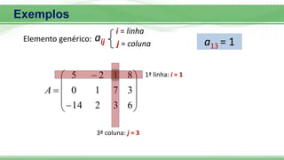 Exemplos













6
3
2
14
3
7
1
0
8
1
2
5
A
a13 = 1
1ª linha: i = 1
3ª coluna: j = 3
Elemento genérico: aij
i = linha
j = coluna
 