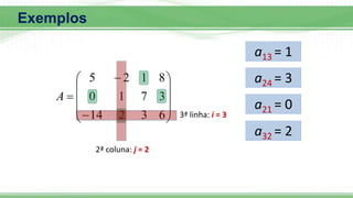 












6
3
2
14
3
7
1
0
8
1
2
5
A
a13 = 1
3ª linha: i = 3
2ª coluna: j = 2
a24 = 3
a21 = 0
a32 = 2
Exemplos
 