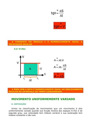N

tgq =

DS
Dt
N

tgq = V

A TANGENTE DO ÂNGULO q
VELOCIDADE ESCALAR

É

NUMERICAMENTE

IGUAL

A

5.2- V=f(t)

V

N

A = Dt.V

V

N

A = Dt.

V

A

t
t1

Dt

t2

DS
Dt

N

A = DS

A ÁREA SOB A RETA É NUMERICAMENTE IGUAL AO DESLOCAMENTO
ESCALAR NO INTERVALO DE TEMPO CONSIDERADO.

MOVIMENTO UNIFORMEMENTE VARIADO
6- DEFINIÇÃO
Vimos na classificação de movimentos que um movimento é dito
uniformemente variado quando sua função horária dos espaços S=f(t) é de
segundo grau, sua velocidade tem módulo variável e sua aceleração tem
módulo constante e não nulo.

 