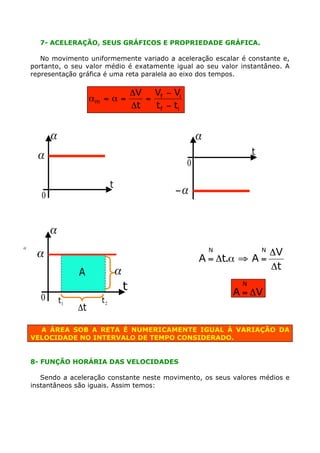 7- ACELERAÇÃO, SEUS GRÁFICOS E PROPRIEDADE GRÁFICA.
No movimento uniformemente variado a aceleração escalar é constante e,
portanto, o seu valor médio é exatamente igual ao seu valor instantâneo. A
representação gráfica é uma reta paralela ao eixo dos tempos.

am = a =

DV Vf - Vi
=
Dt
t f - ti

a

a
t

a

0
t

0

-a

a
a

N

a

A = Dt.a ﬁ A =

A
0

N

a
t

t1

Dt

t2

DV
Dt

N

A = DV

A ÁREA SOB A RETA É NUMERICAMENTE IGUAL À VARIAÇÃO DA
VELOCIDADE NO INTERVALO DE TEMPO CONSIDERADO.

8- FUNÇÃO HORÁRIA DAS VELOCIDADES
Sendo a aceleração constante neste movimento, os seus valores médios e
instantâneos são iguais. Assim temos:

 
