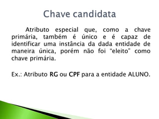 Atributo especial que, como a chave
primária, também é único e é capaz de
identificar uma instância da dada entidade de
maneira única, porém não foi “eleito” como
chave primária.

Ex.: Atributo RG ou CPF para a entidade ALUNO.
 