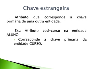 Atributo que corresponde       a   chave
primária de uma outra entidade.

    Ex.: Atributo cod-curso   na   entidade
ALUNO.
    Corresponde   a chave    primária   da
   entidade CURSO.
 
