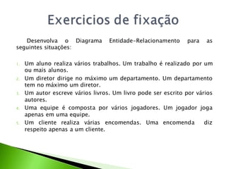 Desenvolva o Diagrama           Entidade-Relacionamento     para   as
seguintes situações:

1.   Um aluno realiza vários trabalhos. Um trabalho é realizado por um
     ou mais alunos.
2.   Um diretor dirige no máximo um departamento. Um departamento
     tem no máximo um diretor.
3.   Um autor escreve vários livros. Um livro pode ser escrito por vários
     autores.
4.   Uma equipe é composta por vários jogadores. Um jogador joga
     apenas em uma equipe.
5.   Um cliente realiza várias encomendas. Uma encomenda              diz
     respeito apenas a um cliente.
 