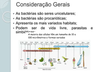 Consideração Gerais
 As bactérias são seres unicelulares;
 As bactérias são procarióticas;
 Apresenta os mais variados habitats;
 Podem ser de vida livre, parasitas e
simbióticas;
 