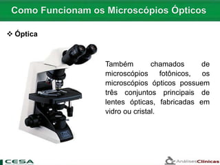 Também chamados de
microscópios fotônicos, os
microscópios ópticos possuem
três conjuntos principais de
lentes ópticas, fabricadas em
vidro ou cristal.
 Óptica
 