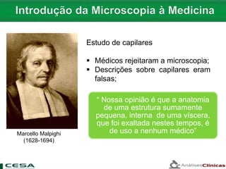 Estudo de capilares
 Médicos rejeitaram a microscopia;
 Descrições sobre capilares eram
falsas;
Marcello Malpighi
(1628-1694)
“ Nossa opinião é que a anatomia
de uma estrutura sumamente
pequena, interna de uma víscera,
que foi exaltada nestes tempos, é
de uso a nenhum médico”
 