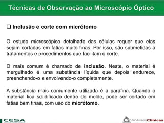  Inclusão e corte com micrótomo
O estudo microscópico detalhado das células requer que elas
sejam cortadas em fatias muito finas. Por isso, são submetidas a
tratamentos e procedimentos que facilitam o corte.
O mais comum é chamado de inclusão. Neste, o material é
mergulhado é uma substância líquida que depois endurece,
preenchendo-o e envolvendo-o completamente.
A substância mais comumente utilizada é a parafina. Quando o
material fica solidificado dentro do molde, pode ser cortado em
fatias bem finas, com uso do micrótomo.
 