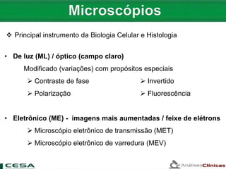  Principal instrumento da Biologia Celular e Histologia
• De luz (ML) / óptico (campo claro)
Modificado (variações) com propósitos especiais
 Contraste de fase  Invertido
 Polarização  Fluorescência
• Eletrônico (ME) - imagens mais aumentadas / feixe de elétrons
 Microscópio eletrônico de transmissão (MET)
 Microscópio eletrônico de varredura (MEV)
2)
 