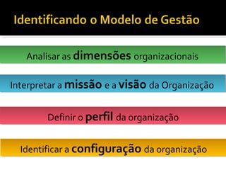 Identificar a configuração da organizaçãoIdentificar a configuração da organização
Interpretar a missão e a visão da OrganizaçãoInterpretar a missão e a visão da Organização
Analisar as dimensões organizacionaisAnalisar as dimensões organizacionais
Definir o perfil da organizaçãoDefinir o perfil da organização
 