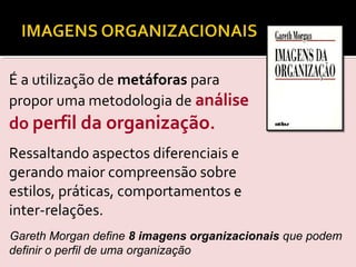 É a utilização de metáforas para
propor uma metodologia de análise
do perfil da organização.
Ressaltando aspectos diferenciais e
gerando maior compreensão sobre
estilos, práticas, comportamentos e
inter-relações.
Gareth Morgan
Gareth Morgan define 8 imagens organizacionais que podem
definir o perfil de uma organização
 