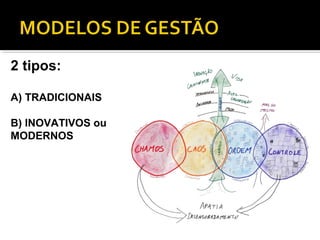 2 tipos:
A) TRADICIONAIS
B) INOVATIVOS ou
MODERNOS
 