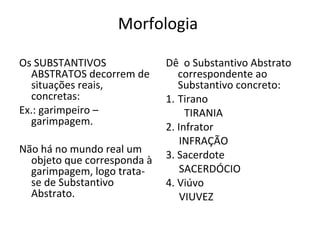 Morfologia
Os SUBSTANTIVOS
ABSTRATOS decorrem de
situações reais,
concretas:
Ex.: garimpeiro –
garimpagem.
Não há no mundo real um
objeto que corresponda à
garimpagem, logo trata-
se de Substantivo
Abstrato.
Dê o Substantivo Abstrato
correspondente ao
Substantivo concreto:
1. Tirano
TIRANIA
2. Infrator
INFRAÇÃO
3. Sacerdote
SACERDÓCIO
4. Viúvo
VIUVEZ
 