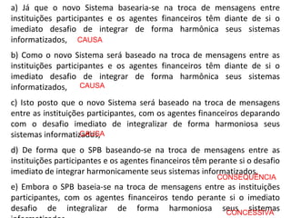 a) Já que o novo Sistema basearia-se na troca de mensagens entre
instituições participantes e os agentes financeiros têm diante de si o
imediato desafio de integrar de forma harmônica seus sistemas
informatizados,
b) Como o novo Sistema será baseado na troca de mensagens entre as
instituições participantes e os agentes financeiros têm diante de si o
imediato desafio de integrar de forma harmônica seus sistemas
informatizados,
c) Isto posto que o novo Sistema será baseado na troca de mensagens
entre as instituições participantes, com os agentes financeiros deparando
com o desafio imediato de integralizar de forma harmoniosa seus
sistemas informatizados,
d) De forma que o SPB baseando-se na troca de mensagens entre as
instituições participantes e os agentes financeiros têm perante si o desafio
imediato de integrar harmonicamente seus sistemas informatizados,
e) Embora o SPB baseia-se na troca de mensagens entre as instituições
participantes, com os agentes financeiros tendo perante si o imediato
desafio de integralizar de forma harmoniosa seus sistemas
CAUSA
CAUSA
CONSEQUÊNCIA
CONCESSIVA
CAUSA
 