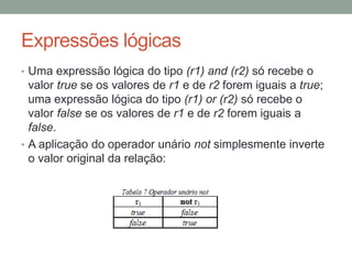 Expressões lógicas
• Uma expressão lógica do tipo (r1) and (r2) só recebe o
valor true se os valores de r1 e de r2 forem iguais a true;
uma expressão lógica do tipo (r1) or (r2) só recebe o
valor false se os valores de r1 e de r2 forem iguais a
false.
• A aplicação do operador unário not simplesmente inverte
o valor original da relação:
 