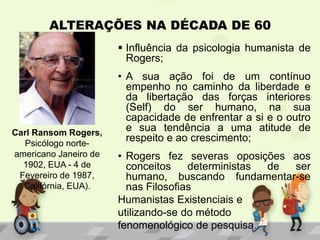 ALTERAÇÕES NA DÉCADA DE 60
 Influência da psicologia humanista de
Rogers;
• A sua ação foi de um contínuo
empenho no caminho da liberdade e
da libertação das forças interiores
(Self) do ser humano, na sua
capacidade de enfrentar a si e o outro
e sua tendência a uma atitude de
respeito e ao crescimento;
• Rogers fez severas oposições aos
conceitos deterministas de ser
humano, buscando fundamentar-se
nas Filosofias
Humanistas Existenciais e
utilizando-se do método
fenomenológico de pesquisa.
Carl Ransom Rogers,
Psicólogo norte-
americano Janeiro de
1902, EUA - 4 de
Fevereiro de 1987,
Califórnia, EUA).
 