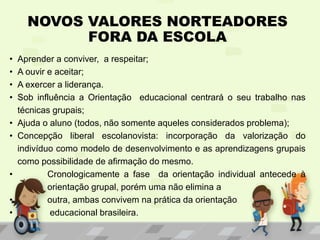 NOVOS VALORES NORTEADORES
FORA DA ESCOLA
• Aprender a conviver, a respeitar;
• A ouvir e aceitar;
• A exercer a liderança.
• Sob influência a Orientação educacional centrará o seu trabalho nas
técnicas grupais;
• Ajuda o aluno (todos, não somente aqueles considerados problema);
• Concepção liberal escolanovista: incorporação da valorização do
indivíduo como modelo de desenvolvimento e as aprendizagens grupais
como possibilidade de afirmação do mesmo.
• Cronologicamente a fase da orientação individual antecede à
orientação grupal, porém uma não elimina a
• outra, ambas convivem na prática da orientação
• educacional brasileira.
 