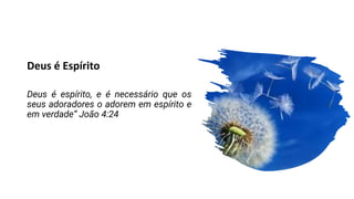 Deus é Espírito
Deus é espírito, e é necessário que os
seus adoradores o adorem em espírito e
em verdade“ João 4:24
 