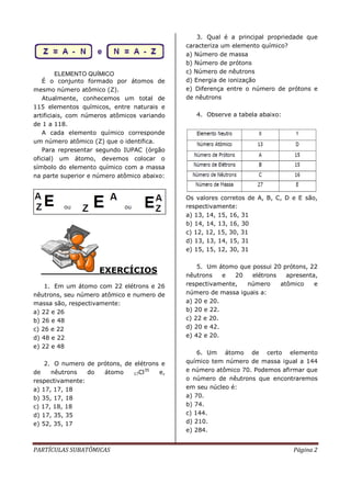 PARTÍCULAS SUBATÔMICAS Página 2
ELEMENTO QUÍMICO
É o conjunto formado por átomos de
mesmo número atômico (Z).
Atualmente, conhecemos um total de
115 elementos químicos, entre naturais e
artificiais, com números atômicos variando
de 1 a 118.
A cada elemento químico corresponde
um número atômico (Z) que o identifica.
Para representar segundo IUPAC (órgão
oficial) um átomo, devemos colocar o
símbolo do elemento químico com a massa
na parte superior e número atômico abaixo:
EXERCÍCIOS
1. Em um átomo com 22 elétrons e 26
nêutrons, seu número atômico e numero de
massa são, respectivamente:
a) 22 e 26
b) 26 e 48
c) 26 e 22
d) 48 e 22
e) 22 e 48
2. O numero de prótons, de elétrons e
de nêutrons do átomo 17Cl35
e,
respectivamente:
a) 17, 17, 18
b) 35, 17, 18
c) 17, 18, 18
d) 17, 35, 35
e) 52, 35, 17
3. Qual é a principal propriedade que
caracteriza um elemento químico?
a) Número de massa
b) Número de prótons
c) Número de nêutrons
d) Energia de ionização
e) Diferença entre o número de prótons e
de nêutrons
4. Observe a tabela abaixo:
Os valores corretos de A, B, C, D e E são,
respectivamente:
a) 13, 14, 15, 16, 31
b) 14, 14, 13, 16, 30
c) 12, 12, 15, 30, 31
d) 13, 13, 14, 15, 31
e) 15, 15, 12, 30, 31
5. Um átomo que possui 20 prótons, 22
nêutrons e 20 elétrons apresenta,
respectivamente, número atômico e
número de massa iguais a:
a) 20 e 20.
b) 20 e 22.
c) 22 e 20.
d) 20 e 42.
e) 42 e 20.
6. Um átomo de certo elemento
químico tem número de massa igual a 144
e número atômico 70. Podemos afirmar que
o número de nêutrons que encontraremos
em seu núcleo é:
a) 70.
b) 74.
c) 144.
d) 210.
e) 284.
 