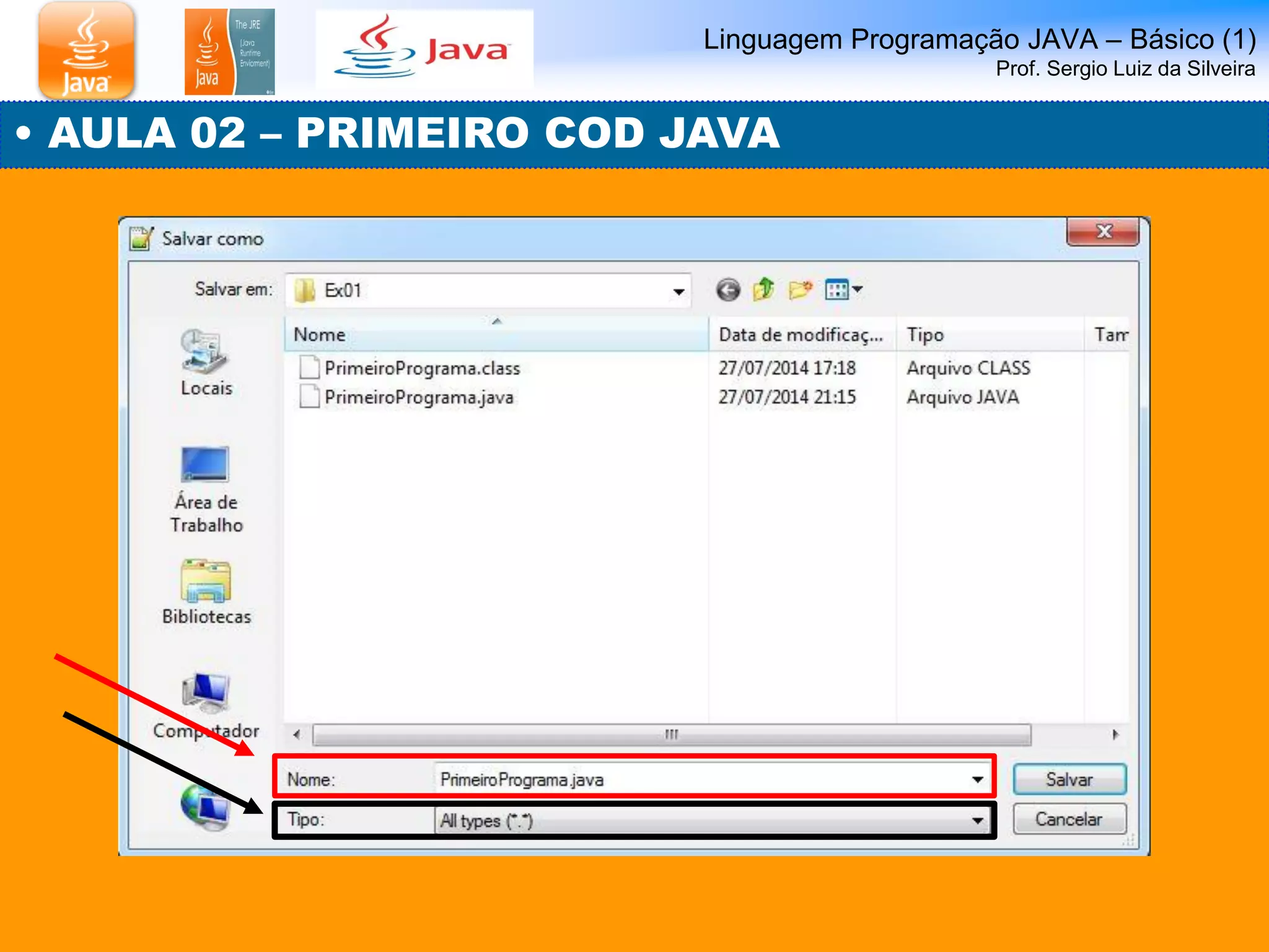 Linguagem Programação JAVA – Básico (1) Prof. Sergio Luiz da Silveira 
• AULA 02 – PRIMEIRO COD JAVA  