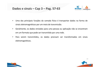 Dados e sinais – Cap 3 – Pag. 57-63
• Uma das principais funções da camada física é transportar dados na forma de
sinais eletromagnéticos por um meio de transmissão.
• Geralmente, os dados enviados para uma pessoa ou aplicação não se encontram
em um formato que pode ser transmitido por uma rede.
• Para serem transmitidos, os dados precisam ser transformados em sinais
eletromagnéticos.
13
 