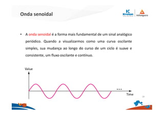 Onda senoidal
• A onda senoidal é a forma mais fundamental de um sinal analógico
periódico. Quando a visualizarmos como uma curva oscilante
simples, sua mudança ao longo do curso de um ciclo é suave e
consistente, um fluxo oscilante e contínuo.
18
 