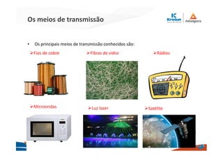 Os meios de transmissão
• Os principais meios de transmissão conhecidos são:
8
Fios de cobre Fibras de vidro Rádios
Microondas Luz lazer Satélite
 