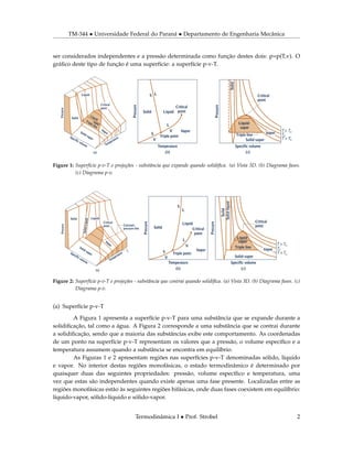 TM-344 • Universidade Federal do Paraná • Departamento de Engenharia Mecânica
ser considerados independentes e a pressão determinada como função destes dois: p=p(T,v). O
gráﬁco deste tipo de função é uma superfície: a superfície p-v-T.
Figure 1: Superfície p-v-T e projeções - substância que expande quando solidiﬁca. (a) Vista 3D. (b) Diagrama fases.
(c) Diagrama p-v.
Figure 2: Superfície p-v-T e projeções - substância que contrai quando solidiﬁca. (a) Vista 3D. (b) Diagrama fases. (c)
Diagrama p-v.
(a) Superfície p-v-T
A Figura 1 apresenta a superfície p-v-T para uma substância que se expande durante a
solidiﬁcação, tal como a água. A Figura 2 corresponde a uma substância que se contrai durante
a solidiﬁcação, sendo que a maioria das substâncias exibe este comportamento. As coordenadas
de um ponto na superfície p-v-T representam os valores que a pressão, o volume especíﬁco e a
temperatura assumem quando a substância se encontra em equilíbrio.
As Figuras 1 e 2 apresentam regiões nas superfícies p-v-T denominadas sólido, líquido
e vapor. No interior destas regiões monofásicas, o estado termodinâmico é determinado por
quaisquer duas das seguintes propriedades: pressão, volume especíﬁco e temperatura, uma
vez que estas são independentes quando existe apenas uma fase presente. Localizadas entre as
regiões monofásicas estão às seguintes regiões bifásicas, onde duas fases coexistem em equilíbrio:
líquido-vapor, sólido-líquido e sólido-vapor.
Termodinâmica I • Prof. Strobel 2
 