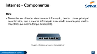 Leonardo Pereira de Morais 18
HUB
• Transmite ou difunde determinada informação, tendo, como principal
característica, que a mesma informação está sendo enviada para muitos
receptores ao mesmo tempo (broadcast).
Internet - Componentes
Imagem retidas de: www.americanas.com.br
 