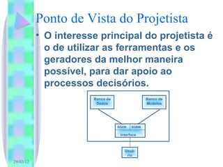 Ponto de Vista do Projetista O interesse principal do projetista é o de utilizar as ferramentas e os geradores da melhor maneira possível, para dar apoio ao processos decisórios. SGDB  SGBM Interface  Banco de Dados Banco de Modelos Usuá-rio 