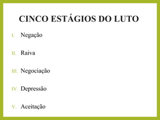 CINCO ESTÁGIOS DO LUTO
I. Negação
II. Raiva
III. Negociação
IV. Depressão
V. Aceitação
 