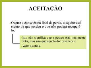 ACEITAÇÃO
•Ocorre a consciência final da perda, o sujeito está
ciente de que perdeu e que não poderá recuperá-
lo.
•Isto não significa que a pessoa está totalmente
feliz, mas sim que aquela dor esvaneceu.
•Volta a rotina.
 