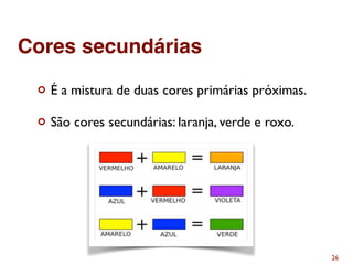 ¢ É a mistura de duas cores primárias próximas.
¢ São cores secundárias: laranja, verde e roxo.
26
Cores secundárias
 
