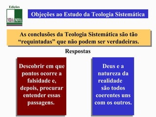 As conclusões da Teologia Sistemática são tão
“requintadas” que não podem ser verdadeiras.
As conclusões da Teologia Sistemática são tão
“requintadas” que não podem ser verdadeiras.
Deus e a
natureza da
realidade
são todos
coerentes uns
com os outros.
Deus e a
natureza da
realidade
são todos
coerentes uns
com os outros.
Descobrir em que
pontos ocorre a
falsidade e,
depois, procurar
entender essas
passagens.
Descobrir em que
pontos ocorre a
falsidade e,
depois, procurar
entender essas
passagens.
Objeções ao Estudo da Teologia Sistemática
Respostas
Edições
 