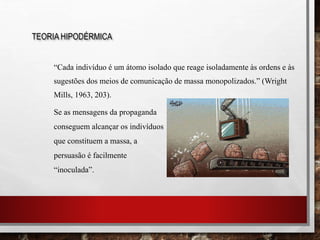 “Cada indivíduo é um átomo isolado que reage isoladamente às ordens e às
sugestões dos meios de comunicação de massa monopolizados.” (Wright
Mills, 1963, 203).
TEORIA HIPODÉRMICA
Se as mensagens da propaganda
conseguem alcançar os indivíduos
que constituem a massa, a
persuasão é facilmente
“inoculada”.
 