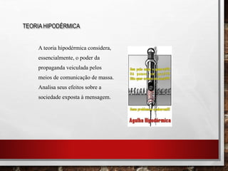 A teoria hipodérmica considera,
essencialmente, o poder da
propaganda veiculada pelos
meios de comunicação de massa.
Analisa seus efeitos sobre a
sociedade exposta à mensagem.
TEORIA HIPODÉRMICA
 