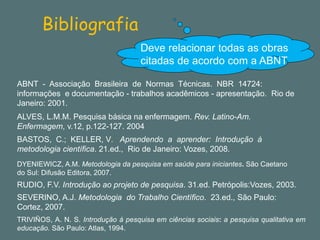 Bibliografia 
Deve relacionar todas as obras citadas de acordo com a ABNT 
ABNT -Associação Brasileira de Normas Técnicas. NBR 14724: informações e documentação -trabalhos acadêmicos -apresentação. Rio de Janeiro: 2001. 
BASTOS, C.; KELLER, V. Aprendendo a aprender: Introdução à metodologia científica. 21.ed., Rio de Janeiro: Vozes, 2008. 
SEVERINO, A.J. Metodologia do Trabalho Científico. 23.ed., São Paulo: Cortez, 2007. 
RUDIO, F.V. Introdução ao projeto de pesquisa. 31.ed. Petrópolis:Vozes, 2003. 
DYENIEWICZ, A.M. Metodologia da pesquisa em saúde para iniciantes.São Caetano do Sul: Difusão Editora, 2007. 
ALVES, L.M.M. Pesquisa básica na enfermagem. Rev. Latino-Am. Enfermagem, v.12, p.122-127. 2004 
TRIVIÑOS,A.N.S.Introduçãoàpesquisaemciênciassociais:apesquisaqualitativaemeducação.SãoPaulo:Atlas,1994.  